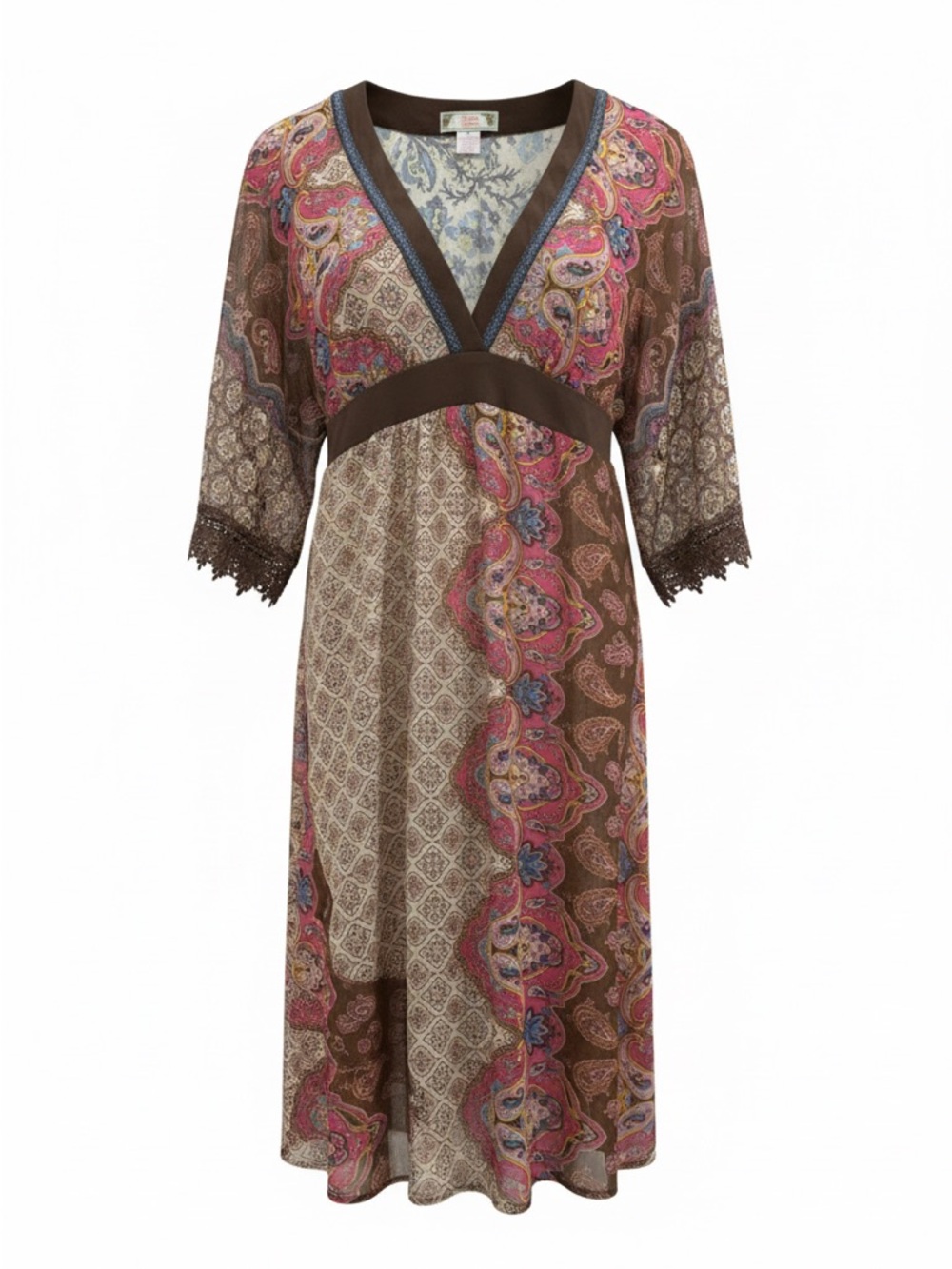 Flying Tomato Paisley Boho V-Neck Mini Dress S Pink Brown Crochet Trim